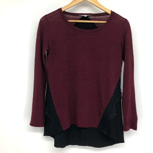 Sandro Paris Burgundy Black crochet lace detailing long sleeve t-shirt SP - Picture 15 of 15